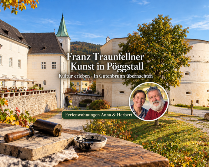 KI-generiertes Beitragsbild zur Franz-Traunfellner-Dokumentation mit Schloss Pöggstall, symbolischen Druckwerkzeugen und Foto-Badge von Anna und Herbert.