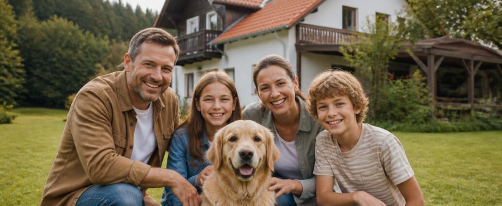 gunstige-familienunterkunft-im-waldviertel-mit-hund-finden-1790811013-1 - Ferienwohnungen Gutenbrunn Family of four with a golden retriever posing on the lawn in front of a white house with a orange roof.