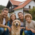 gunstige-familienunterkunft-im-waldviertel-mit-hund-finden-1790811013-1 - Ferienwohnungen Gutenbrunn Family of four with a golden retriever posing on the lawn in front of a white house with a orange roof.