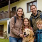 Find-Affordable-Vacation-Rentals-for-Families-with-Pets-1791631918-50 - Vacation Rentals in Gutenbrunn A family of four with a golden retriever posing in front of a yellow house with a wooden balcony, smiling at the camera.