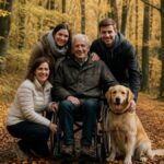 herbsturlaub-im-waldviertel-lohnt-sich-die-reise-1790659825 - Ferienwohnungen Gutenbrunn Smiling family of four with a golden retriever in an autumn forest; an elderly man in a wheelchair at the center.