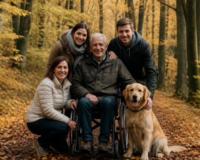A smiling family of four with a golden retriever in an autumn forest; an elderly man in a wheelchair is in the center.