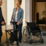 hilfsmittelverleih-fur-den-urlaub-in-der-ferienwohnung-1792019032 - Ferienwohnungen Gutenbrunn Older man with a rollator talks with a smiling woman beside a wheelchair outside a home's entrance.
