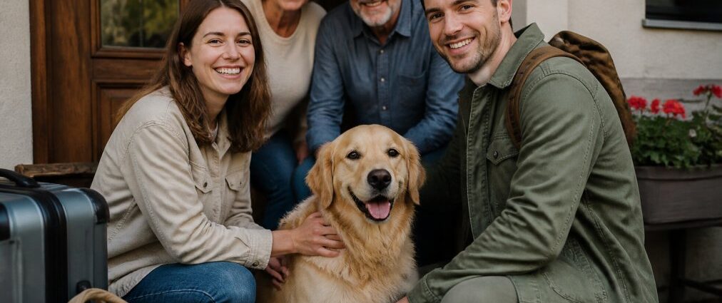 hund-im-urlaub-alleine-lassen-schritt-fur-schritt-anleitung-1790483159 - Ferienwohnungen Gutenbrunn A smiling family of four with a golden retriever sits on a doorstep, ready for a trip, with luggage nearby.