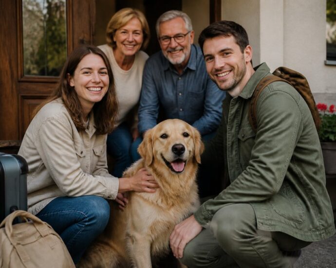 A smiling family of four with a golden retriever is sitting on a doorstep, ready for a trip, with their luggage nearby.