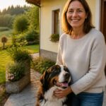 hundefreundliche-unterkunft-im-waldviertel-finden-1791471771 - Ferienwohnungen Gutenbrunn Smiling woman in a light sweater hugs a Bernese Mountain Dog on a patio, with a garden and house behind them at sunset.