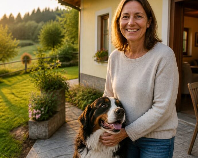 A smiling woman in a light sweater hugs a Bernese Mountain Dog on a patio, with a garden and house behind them at sunset.