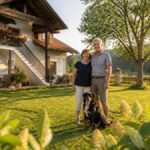 hundefreundliche-unterkunfte-im-waldviertel-mit-naturanschluss-1791292681-2 - Ferienwohnungen Gutenbrunn Couple with their dog standing on a lawn in front of a white house with a balcony and a wooden staircase, countryside in the background.