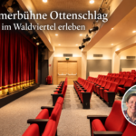 Divadlo Kammerbühne Ottenschlag – Zažite kultúru v regióne Waldviertel – Ubytovanie v Gutenbrunne Ilustrácia vytvorená umelou inteligenciou znázorňujúca sálu divadla Kammerbühne Ottenschlag s červenými radmi sedadiel, divadelnou oponou a okrúhlym portrétom Anny a Herberta.