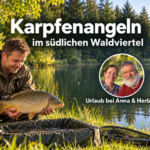Karpfenangeln im südlichen Waldviertel - Ferienwohnungen Gutenbrunn Angler hält einen Karpfen über einer Abhakmatte am Waldteich, mit Titel und Anna-und-Herbert-Badge.
