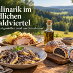 Kulinarik im südlichen Waldviertel entdecken - Ferienwohnungen Gutenbrunn Waldviertler Spezialitäten mit Mohnnudeln, Mohngebäck und Braten mit Knödeln sowie Foto-Badge von Anna und Herbert.
