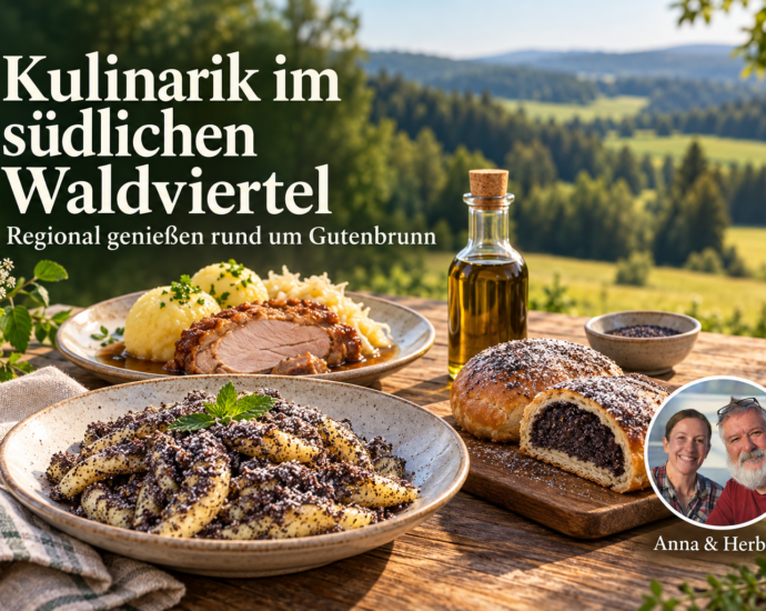 Waldviertler Spezialitäten mit Mohnnudeln, Mohngebäck und Braten mit Knödeln sowie Foto-Badge von Anna und Herbert.