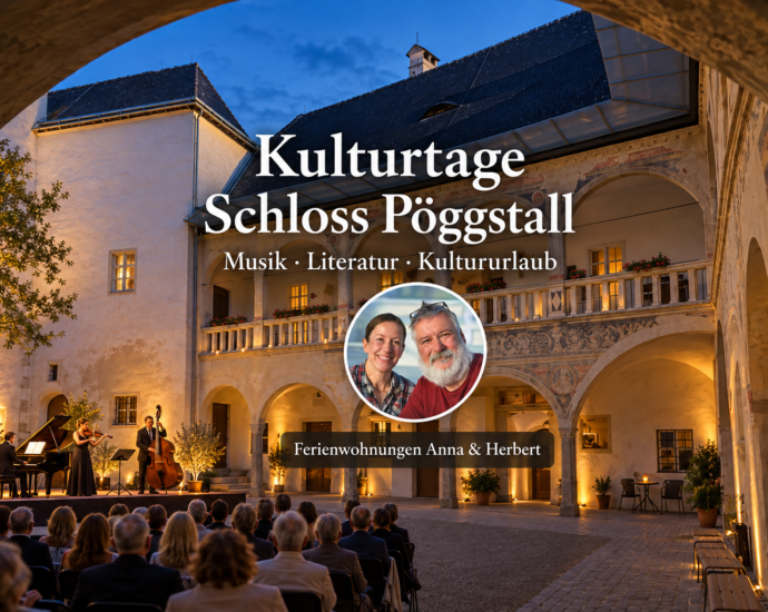 KI-gestaltete Konzertszene im Arkadenhof von Schloss Pöggstall mit Publikum und Foto-Badge von Anna und Herbert.