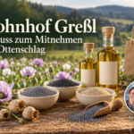 Mohnhof Greßl – Genuss zum Mitnehmen bei Ottenschlag - Ferienwohnungen Gutenbrunn Mohnöle und verschiedene Mohnsorten vor einem blühenden Mohnfeld, mit Foto-Badge von Anna und Herbert.