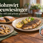 Mohnwirt Neuwiesinger – Mohn süß und pikant genießen - Ferienwohnungen Gutenbrunn ohnnudeln, Mohnzelten und Fischfilet mit Mohnkruste auf einem Holztisch, ergänzt durch das Foto-Badge von Anna und Herbert.