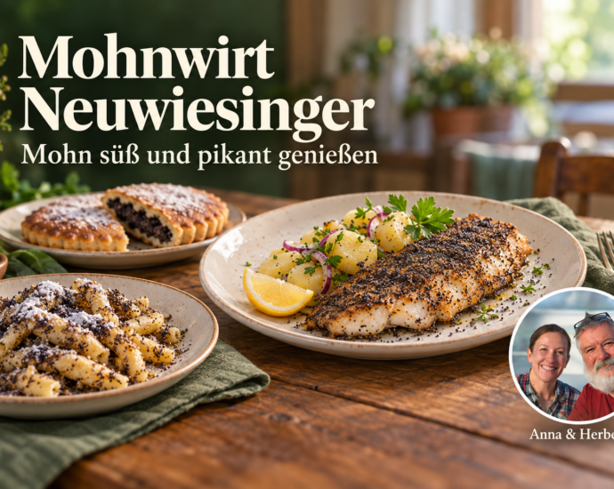 ohnnudeln, Mohnzelten und Fischfilet mit Mohnkruste auf einem Holztisch, ergänzt durch das Foto-Badge von Anna und Herbert.