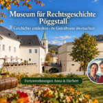 Museum für Rechtsgeschichte Pöggstall - Ferienwohnungen Gutenbrunn KI-generiertes Beitragsbild von Schloss Pöggstall mit symbolischer Waage, historischem Buch und Foto-Badge von Anna und Herbert.