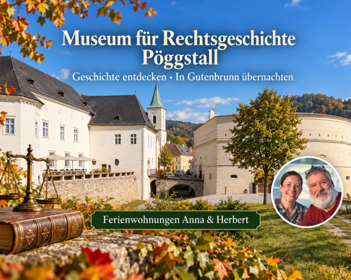 KI-generiertes Beitragsbild von Schloss Pöggstall mit symbolischer Waage, historischem Buch und Foto-Badge von Anna und Herbert.