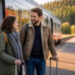 Sustainable Travel by Train to the Waldviertel: Travel Guide 1792284346 - Gutenbrunn Vacation Rentals A smiling couple with rolling suitcases on a train platform next to a modern train, with autumn trees in the background.