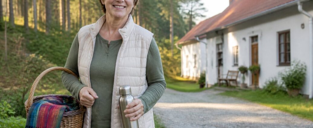 nachhaltiger-familienurlaub-in-der-natur-im-waldviertel-1792236069 - Ferienwohnungen Gutenbrunn Smiling woman in a light vest carries a stainless steel thermos and a woven basket with a colorful blanket, on a gravel path beside a white house.