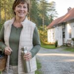 nachhaltiger-familienurlaub-in-der-natur-im-waldviertel-1792236069 - Ferienwohnungen Gutenbrunn Smiling woman in a light vest carries a stainless steel thermos and a woven basket with a colorful blanket, on a gravel path beside a white house.