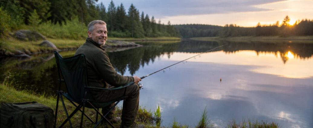 nachtangeln-im-waldviertel-regeln-und-hotspots-2026-1791075224-1 - Ferienwohnungen Gutenbrunn Man sitting in a camping chair by a calm lake at sunset, fishing with a rod, tackle box beside him on the ground.