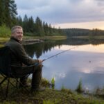 nachtangeln-im-waldviertel-regeln-und-hotspots-2026-1791075224-1 - Ferienwohnungen Gutenbrunn Man sitting in a camping chair by a calm lake at sunset, fishing with a rod, tackle box beside him on the ground.