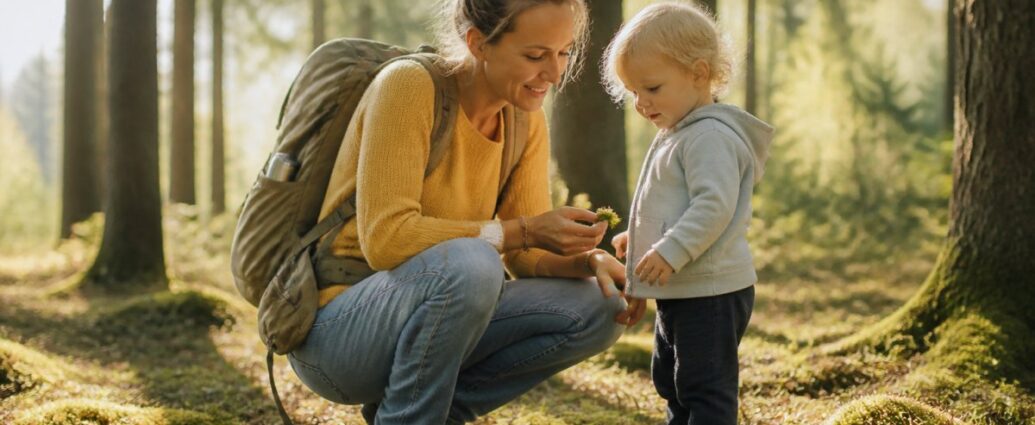 naturerlebnis-waldviertel-fur-familien-mit-kleinkindern-1792366346 - Ferienwohnungen Gutenbrunn Mother kneeling in a sunlit forest, helping her toddler pick a flower.