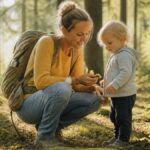 naturerlebnis-waldviertel-fur-familien-mit-kleinkindern-1792366346 - Ferienwohnungen Gutenbrunn Mother kneeling in a sunlit forest, helping her toddler pick a flower.