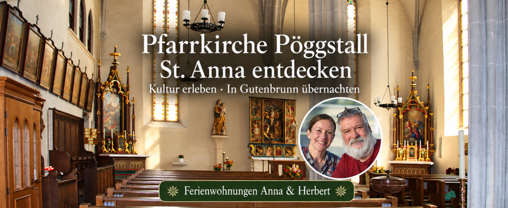 Pfarrkirche Pöggstall – St. Anna entdecken - Ferienwohnungen Gutenbrunn KI-generierte Innenansicht der Pfarrkirche St. Anna in Pöggstall mit gotischem Gewölbe, Flügelaltar und Foto-Badge von Anna und Herbert.