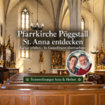 Pfarrkirche Pöggstall – St. Anna entdecken - Ferienwohnungen Gutenbrunn KI-generierte Innenansicht der Pfarrkirche St. Anna in Pöggstall mit gotischem Gewölbe, Flügelaltar und Foto-Badge von Anna und Herbert.