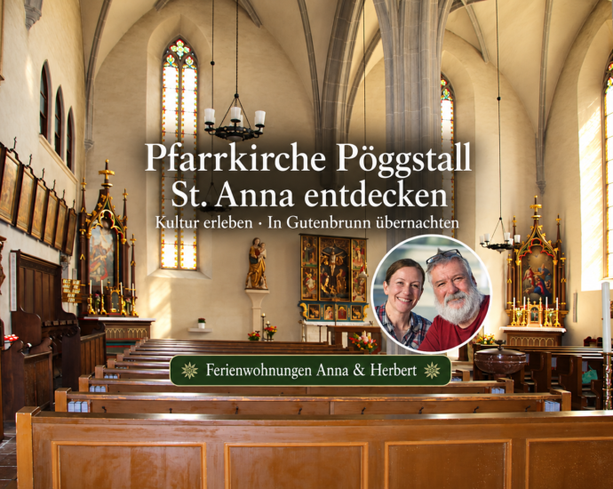 KI-generierte Innenansicht der Pfarrkirche St. Anna in Pöggstall mit gotischem Gewölbe, Flügelaltar und Foto-Badge von Anna und Herbert.