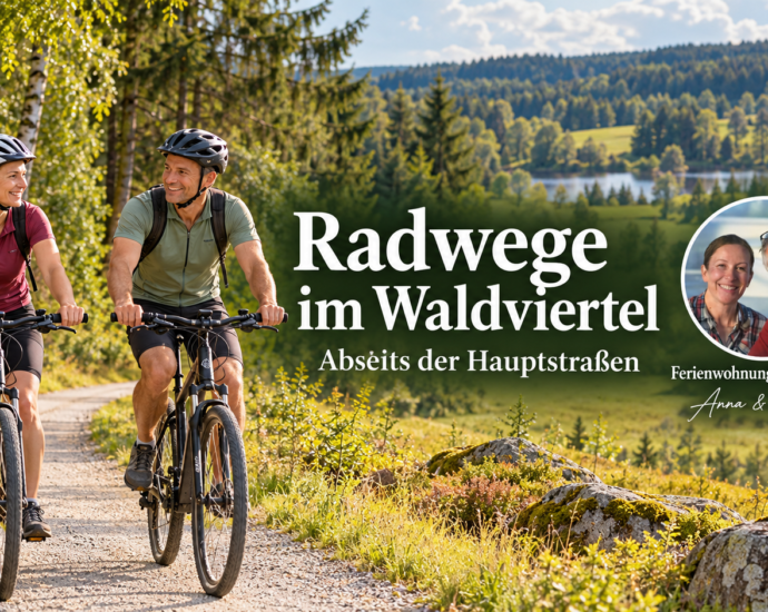 Dva cyklisté na klidné stezce vedoucí lesem a loukami, vedle nich Anna a Herbert na fotografické plackě.