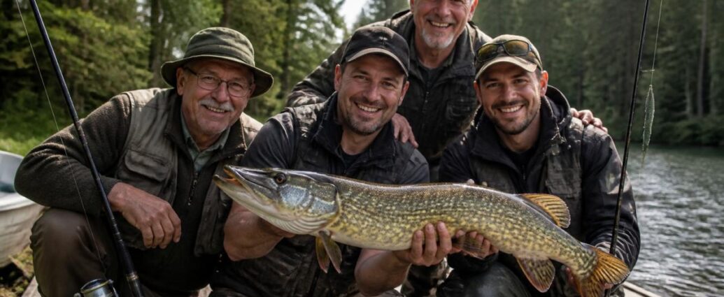 raubfischangeln-im-waldviertel-die-besten-methoden-1790724871 - Ferienwohnungen Gutenbrunn Four men on a wooden dock pose with a large northern pike they caught by a forest lake.