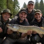 Predatory Fish Fishing in the Waldviertel—The Best Methods-1790724871 - Gutenbrunn Vacation Rentals Four men on a wooden dock pose with a large northern pike they caught at a forest lake.