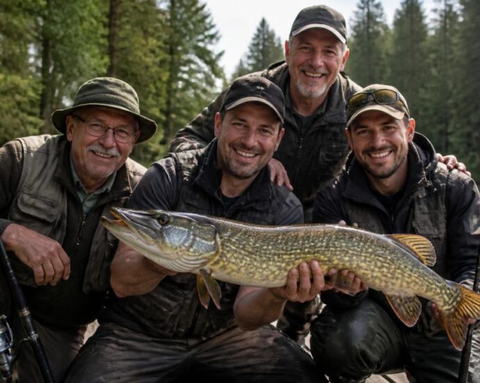 Čtyři muži na dřevěném molu pózují s velkou štikou severní, kterou ulovili u lesního jezera.
