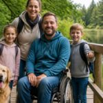 природна искуства прилагођена породицама са инвалидским колицима - 1792240473 - Гутенбрун одмаралиште Породица од четири члана са псом која позира на дрвеној шетници поред језера; мајка и отац (у инвалидским колицима) са двоје деце, сви насмејани напољу у шумском окружењу.