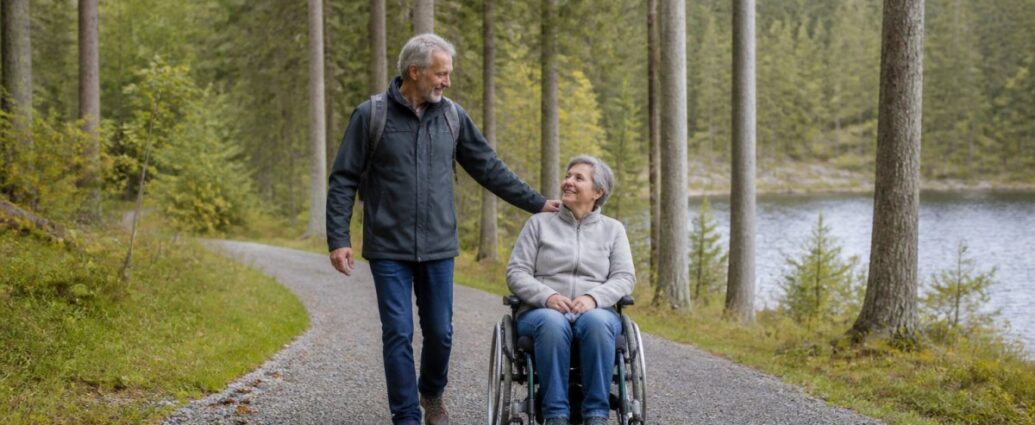 rollstuhlgerechte-naturerlebnisse-im-waldviertel-planen-1792116591 - Ferienwohnungen Gutenbrunn Older man in a dark jacket pushes a woman in a wheelchair along a gravel forest path beside a lake.