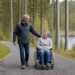 rollstuhlgerechte-naturerlebnisse-im-waldviertel-planen-1792116591 - Ferienwohnungen Gutenbrunn Older man in a dark jacket pushes a woman in a wheelchair along a gravel forest path beside a lake.