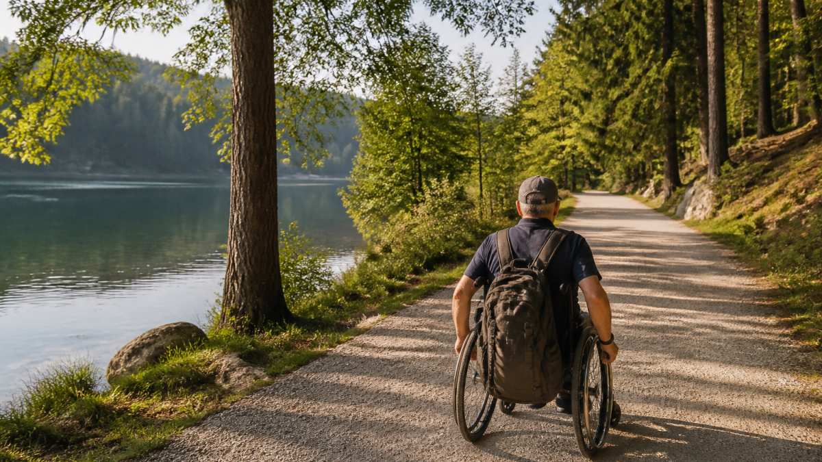 Person im Rollstuhl auf einem breiten, ebenen Waldweg neben einem See mit klarem Wasser, umgeben von grüner Natur und Bäumen bei Tageslicht