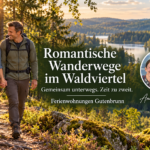 Romantic Hiking Trails for Couples in the Waldviertel - Gutenbrunn Vacation Rentals A couple on vacation walks hand in hand along a forest path with a view of the lake; next to them are Anna and Herbert in a photo badge.