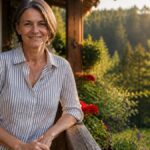 ruhiger-urlaub-im-waldviertel-die-besten-ideen-2026-1791792907-2 - Ferienwohnungen Gutenbrunn Smiling woman leaning on a wooden railing on a porch with flowers, forest backdrop at sunset.