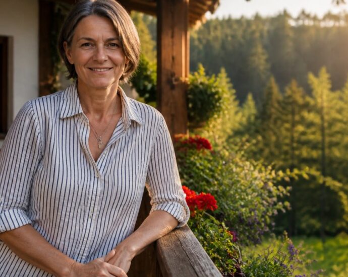 A smiling woman leaning on a wooden railing on a porch with flowers, against a forest backdrop at sunset.
