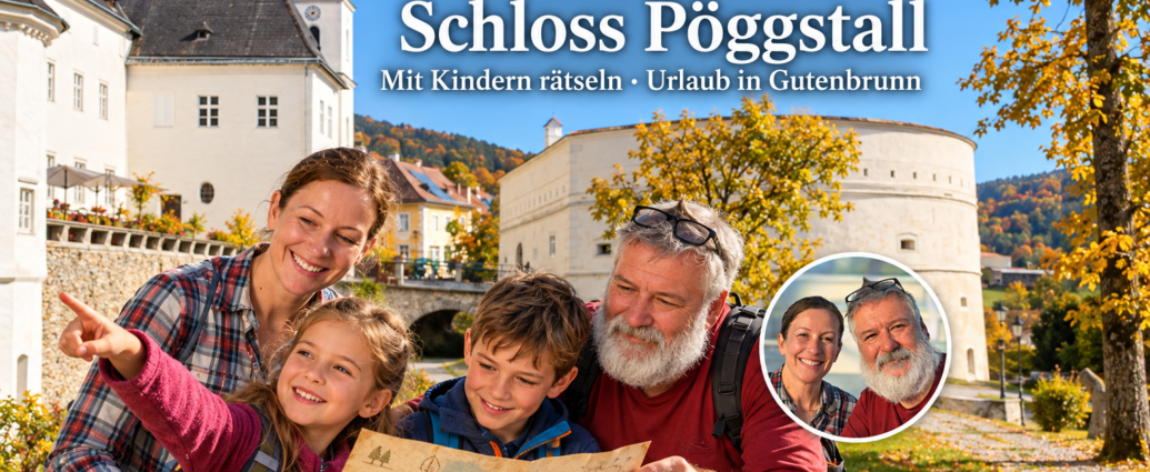Treasure Hunt at Pöggstall Castle with Kids - Gutenbrunn Vacation Rentals An AI-generated scene featuring Anna, Herbert, and two children on a scavenger hunt in front of Pöggstall Castle.