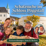 Schatzsuche im Schloss Pöggstall mit Kindern - Ferienwohnungen Gutenbrunn KI-generierte Szene mit Anna, Herbert und zwei Kindern bei einer Schatzsuche vor Schloss Pöggstall.