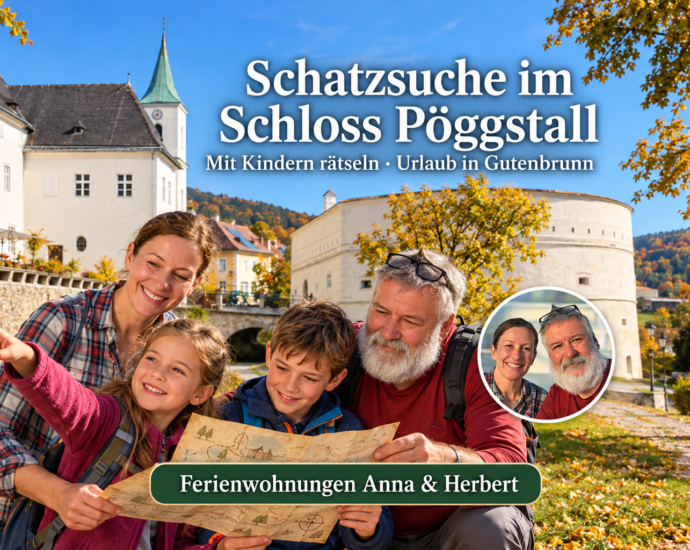 KI-generierte Szene mit Anna, Herbert und zwei Kindern bei einer Schatzsuche vor Schloss Pöggstall.