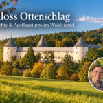 sOttenschlag – Geschichte und Ausflugstipps im Waldviertel - Ferienwohnungen Gutenbrunn KI-generierte Ansicht von Schloss Ottenschlag in Herbststimmung mit einem Foto-Badge von Anna und Herbert unten rechts.