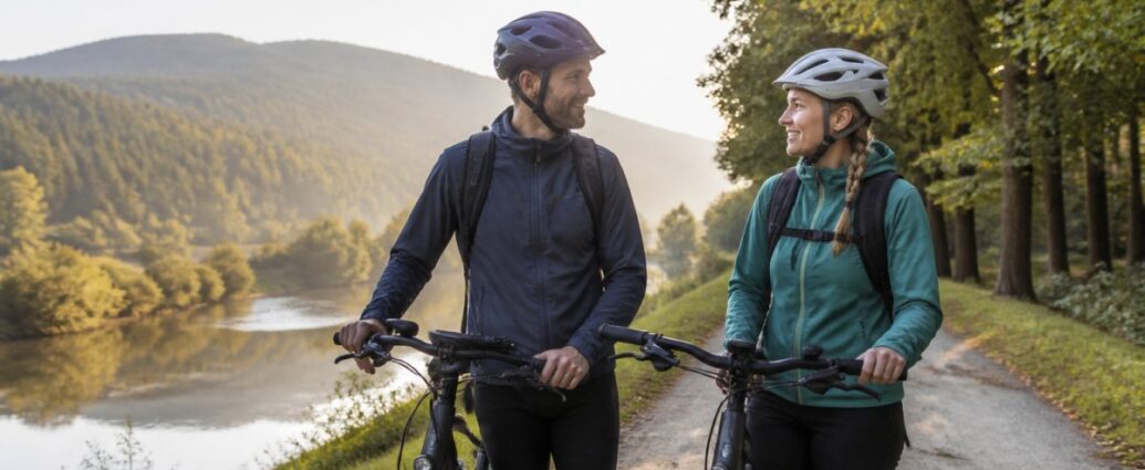 Two cyclists wearing helmets chat and smile as they stand with their bikes on a tree-lined path next to a calm lake, with hills in the background.
