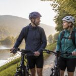 schonste-uferrouten-fur-e-biker-in-niederosterreich-1792369640 - Ferienwohnungen Gutenbrunn Two cyclists wearing helmets chat and smile while standing with their bikes on a tree-lined path by a calm lake and hills in the background.