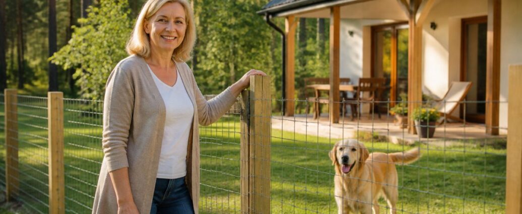 Starší žena opřená o dřevěný plot, usmívající se do objektivu, se zlatým retrívrem na travnatém dvoře poblíž terasy domu.